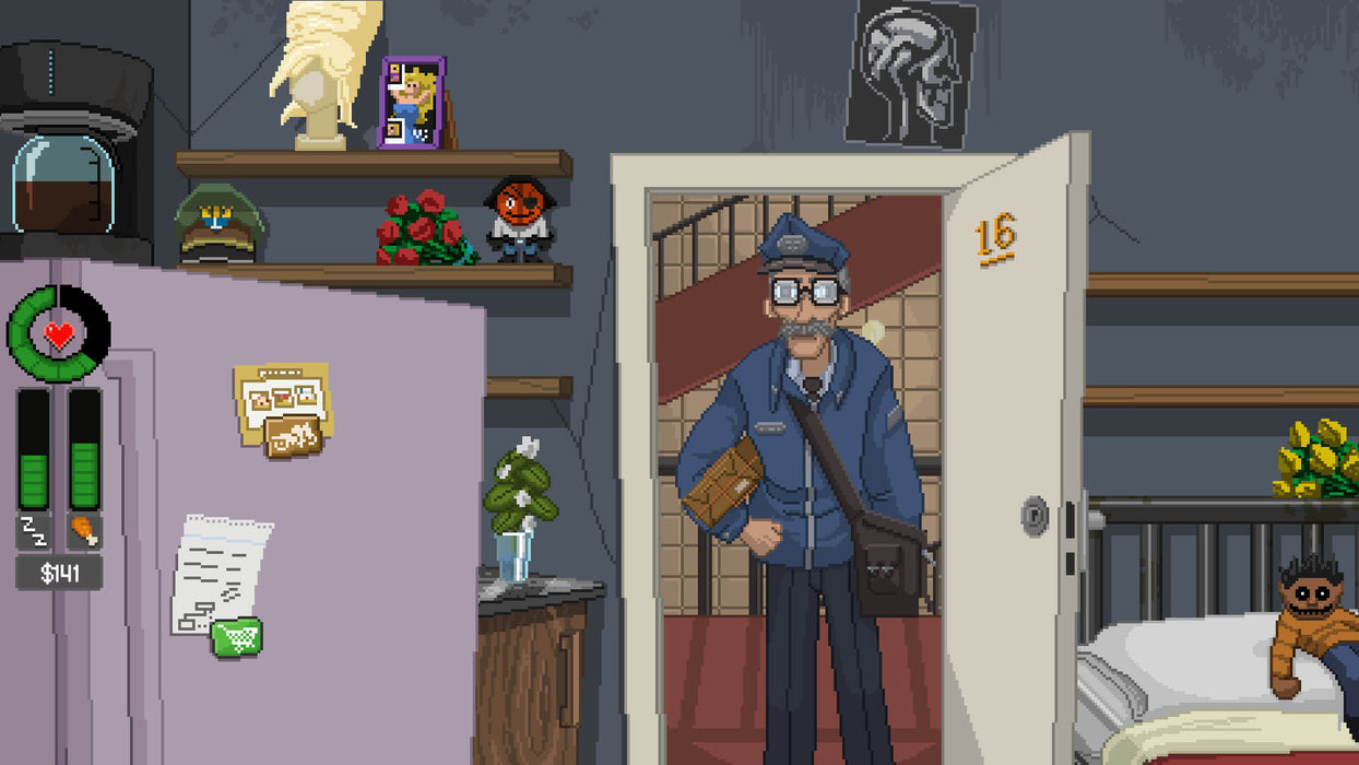 Screenshot - A pixel-art scene from Do Not Feed the Monkeys, showing a postman standing in an apartment doorway, delivering a package. The room contains various items, including a fridge, plants, and a shelf with decorations. Get your game key instantly at RushGame.co