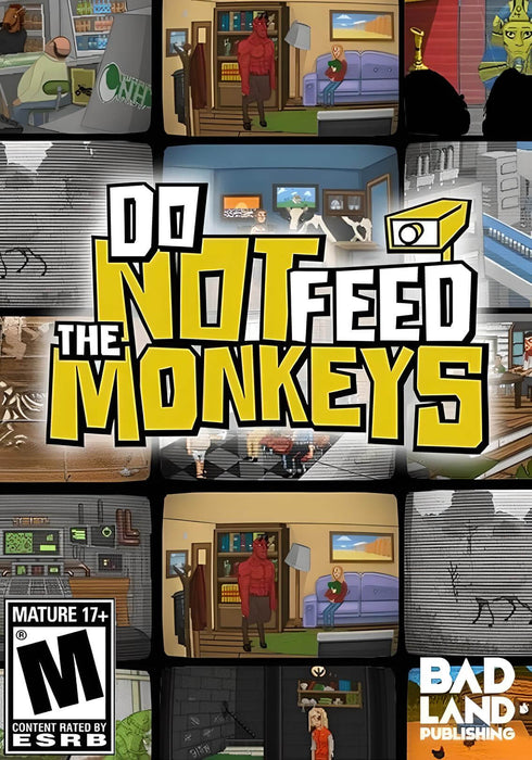 The official cover art for Do Not Feed the Monkeys on PC, featuring multiple surveillance screens displaying various scenes, emphasizing the game's voyeuristic and investigative themes. Purchase your Steam CD Key now at RushGame.co for instant digital delivery