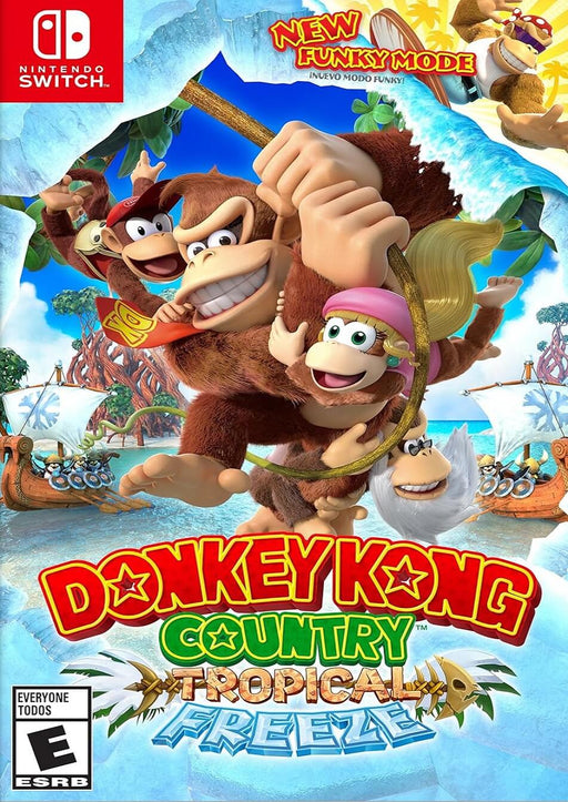 Official cover art for Donkey Kong Country: Tropical Freeze on Nintendo Switch, featuring Donkey Kong, Diddy Kong, Dixie Kong, and Cranky Kong swinging through a tropical landscape. Buy your Nintendo Switch key now at RushGame.co