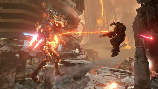 Action-packed gameplay from DOOM Eternal Deluxe Edition on PC, displaying the Doom Slayer battling demonic creatures amidst a backdrop of chaos and destruction. Buy your Steam digital key now at RushGame.co for an adrenaline-fueled adventure