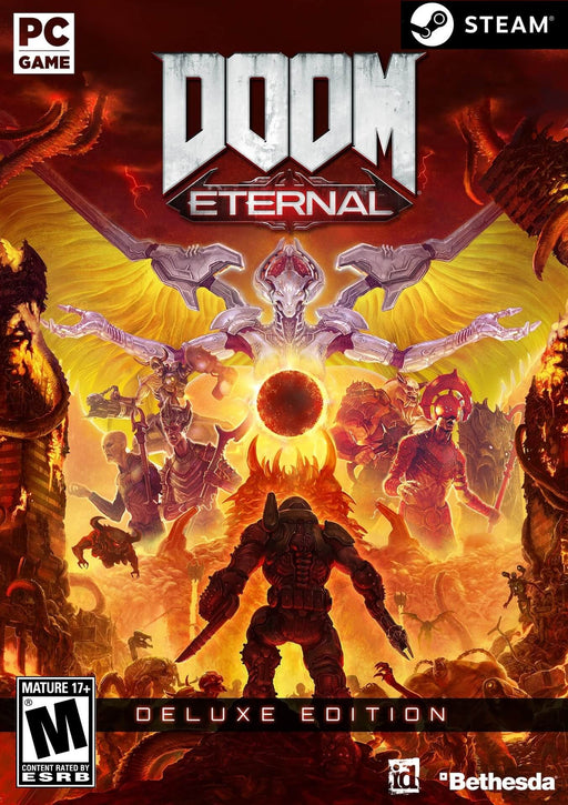 Cover art for DOOM Eternal Deluxe Edition on PC Steam, featuring the Doom Slayer facing a fiery battlefield filled with monstrous demons. Get your digital key now at RushGame.co for an intense first-person shooter experience