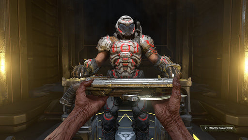 In-game screenshot from DOOM Eternal on Nintendo Switch, showing the player's hands receiving a powerful weapon from a heavily armored warrior. Experience fast-paced demon-slaying action—get your DOOM Eternal CD Key at RushGame.co