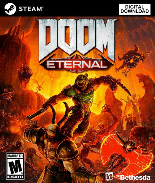 Cover art for DOOM Eternal on PC Steam, featuring the Doom Slayer surrounded by demonic enemies in an intense battle scene. Get your digital game key instantly at RushGame.co