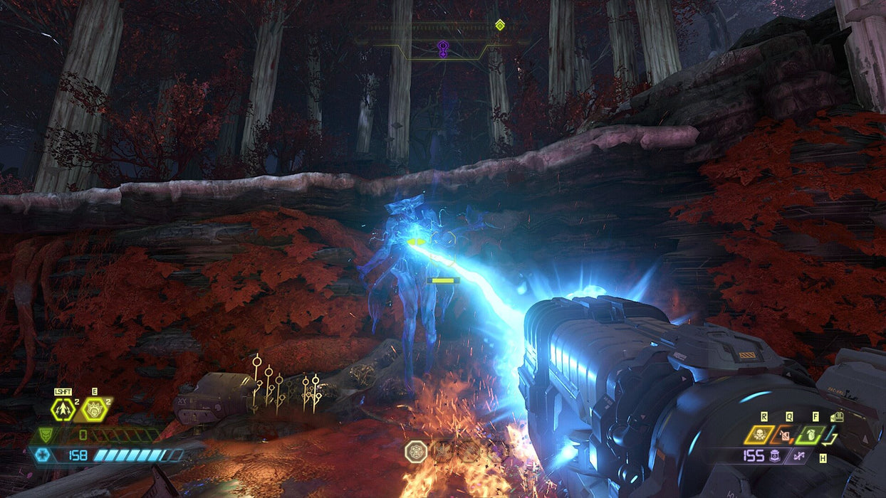 In-game screenshot from DOOM Eternal - The Ancient Gods Part One DLC, showing the Doom Slayer firing a powerful energy weapon at a ghostly enemy in a dark forest environment. Experience high-intensity combat with your Steam CD key from RushGame.co