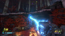 In-game screenshot from DOOM Eternal - The Ancient Gods Part One DLC, showing the Doom Slayer firing a powerful energy weapon at a ghostly enemy in a dark forest environment. Experience high-intensity combat with your Steam CD key from RushGame.co