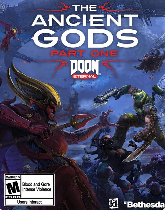 Official cover art for DOOM Eternal - The Ancient Gods Part One DLC for PC Steam. Featuring the Doom Slayer in battle against powerful demonic foes, with intense action and dark sci-fi aesthetics. Get your Steam CD key now at RushGame.co for an adrenaline-fueled experience