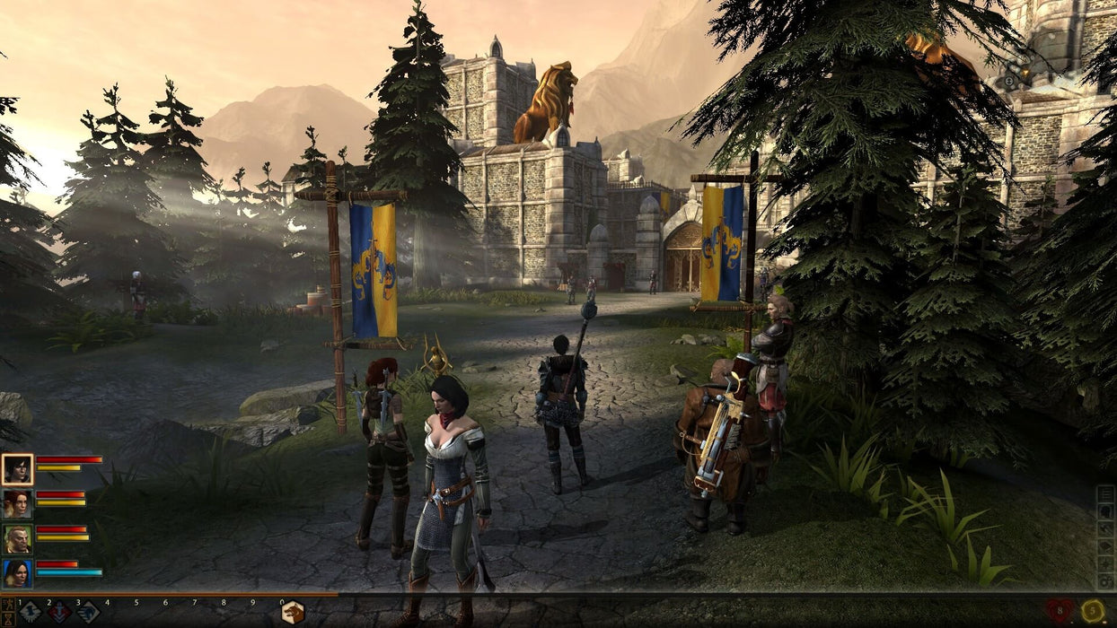 Gameplay screen - A scenic in-game moment from Dragon Age 2 on PC EA Play, as the player's party approaches a grand castle surrounded by lush greenery. Shape the fate of Kirkwall—get your Dragon Age 2 PC EA Play CD Key at RushGame.co now