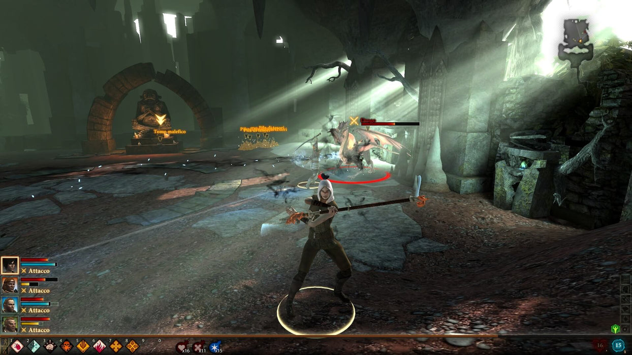 Battling a Dragon in the Shadows - Dragon Age 2 PC Gameplay screenshot - A combat scene from Dragon Age 2 on PC EA Play, where a mage prepares a powerful spell against a ferocious dragon in a dimly lit dungeon. Experience strategic RPG battles—buy your Dragon Age 2 PC CD Key at RushGame.co for immediate access