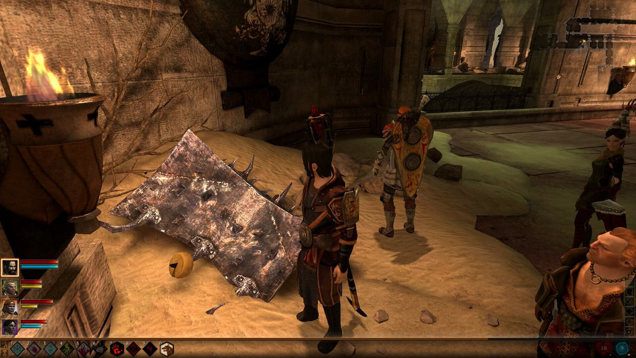 Exploring Ancient Ruins - Dragon Age 2 PC Gameplay screenshot - A detailed in-game screenshot from Dragon Age 2 on PC EA Play, showing the player's party investigating an ancient ruin with remnants of a battle. Embark on an unforgettable RPG journey—get your Dragon Age 2 digital key at RushGame.co today