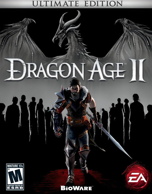 Cover art for Dragon Age 2 Ultimate Edition on PC EA Play, featuring protagonist Hawke wielding a sword with a dark dragon silhouette in the background. Buy your Dragon Age 2 Ultimate Edition PC EA Play CD Key at RushGame.co for instant digital activation and expanded RPG content