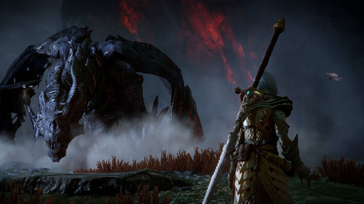 Confronting the Dragon - Dragon Age: Inquisition PC Gameplay screenshot - 
A warrior stands ready to battle a monstrous dragon in a misty cavern in Dragon Age: Inquisition Game of the Year Edition on PC EA Play. Challenge legendary beasts—buy your Dragon Age: Inquisition PC CD Key at RushGame.co today