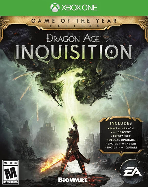 Dragon Age: Inquisition Game of the Year Edition cover for Xbox One, featuring a warrior wielding magic against a demonic horde. Get your Dragon Age: Inquisition Xbox One CD Key now at RushGame.co