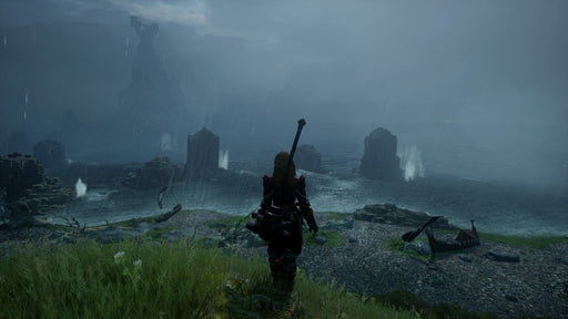 Gameplay screenshot - A lone adventurer gazes at a stormy coastline in Dragon Age: Inquisition, with ruins and crashing waves adding to the game's immersive atmosphere. Start your journey today—get your Dragon Age: Inquisition PC EA Play CD Key instantly at RushGame.co