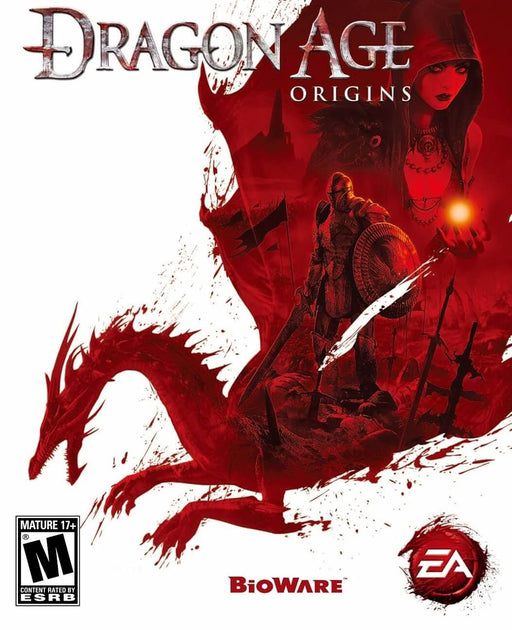 Cover art for Dragon Age: Origins on PC, featuring a striking red dragon design along with Morrigan, a warrior, and a battlefield. Get your Dragon Age: Origins PC EA Play CD Key instantly at RushGame.co and experience the legendary RPG adventure