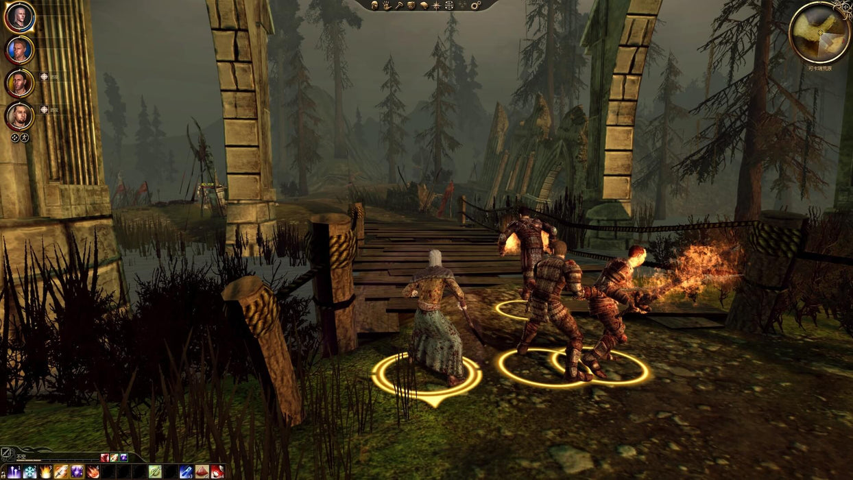 Gameplay screenshot - A group of warriors engaged in combat near an eerie swamp in Dragon Age: Origins, with magical fire illuminating the battlefield. Experience tactical RPG battles—buy your Dragon Age: Origins PC Steam CD Key at RushGame.co