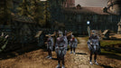 Gameplay screenshot - A group of heavily armored knights stands in a medieval village setting in Dragon Age: Origins, ready for duty. Lead your party to glory—purchase your Dragon Age: Origins PC Steam CD Key today at RushGame.co