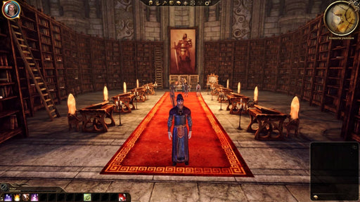 gameplay screenshot - A scholar stands in a grand library in Dragon Age: Origins, surrounded by towering bookshelves and glowing lamps. Dive into the rich lore of Thedas—purchase your Dragon Age: Origins - Ultimate Edition PC GOG CD Key today at RushGame.co