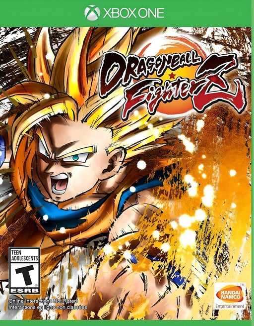 Cover art of DRAGON BALL FighterZ for Xbox One – A dynamic illustration featuring Super Saiyan Goku surrounded by an explosive energy burst in cel-shaded style. The game's logo and Bandai Namco branding are visible in the bottom corner. Buy DRAGON BALL FighterZ for Xbox One at RushGame.co