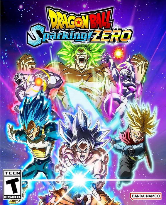 Cover art for Dragon Ball: Sparking! ZERO on PC Steam, featuring iconic fighters like Ultra Instinct Goku, Super Saiyan Blue Vegeta, and Broly in an explosive battle scene. Get your Steam CD key now at RushGame.co for an action-packed fighting experience