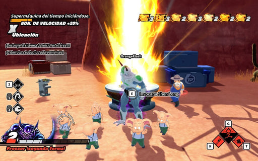 Gameplay screenshot - A survivor in Dragon Ball: The Breakers on PC Steam stands before a glowing summoning platform, calling upon Shenron while Frieza's second form looms nearby. Experience the thrill of survival—buy your Steam CD key at RushGame.co now for instant activation