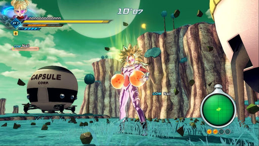 Gameplay screenshot - A powerful warrior in Dragon Ball Xenoverse 2 glowing with Super Saiyan energy, holding two Dragon Balls while standing on Planet Namek. Discover the ultimate Dragon Ball experience with a PC Steam CD Key from RushGame.co