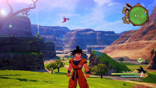 In-game screenshot from DRAGON BALL Z: Kakarot, showing Goku standing in an open-world environment with mountains and a flying dragon in the distance. Experience the ultimate DBZ adventureâavailable now at RushGame.co