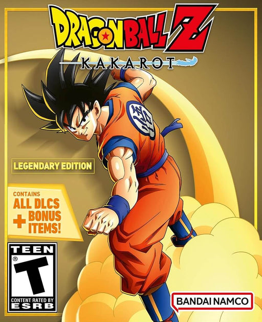 cover art of DRAGON BALL Z: Kakarot Legendary Edition for PC Steam, featuring Goku in an action pose with a golden background. Get your digital key now at RushGame.co