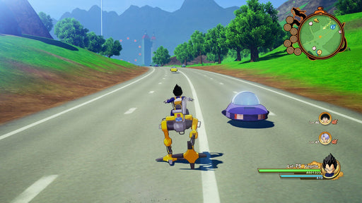 In-game screenshot from Dragon Ball Z: Kakarot, featuring Vegeta riding a futuristic hover bike on an open road with a lush green landscape and distant mountains. The gameâs detailed world allows players to explore iconic locations from the Dragon Ball Z universe. Get your Dragon Ball Z: Kakarot PC Steam CD Key now at RushGame.co for instant access!