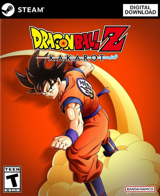 The cover art for DRAGON BALL Z: Kakarot PC Steam Digital Download, featuring Goku soaring on his Nimbus cloud in an action pose. Buy your Steam key now at RushGame.co for an immersive Dragon Ball adventure