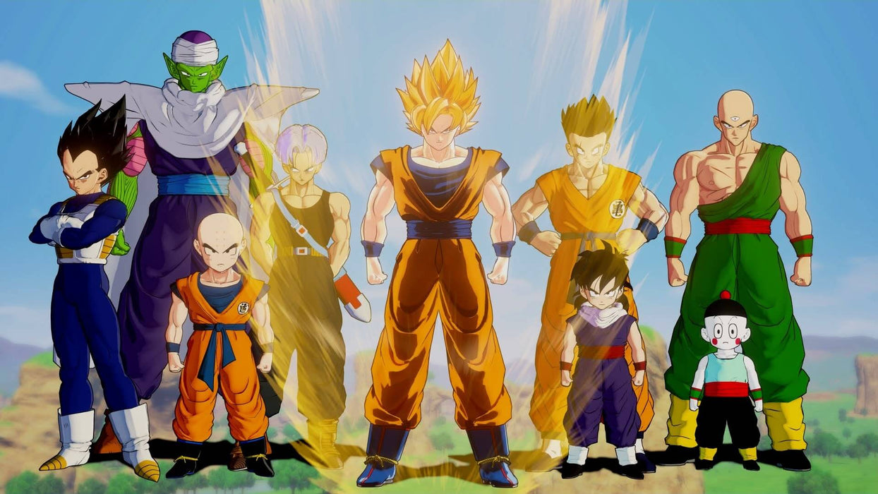 Gameplay screenshot - Super Saiyan Goku standing at the center of the Z Fighters, including Vegeta, Piccolo, Trunks, and more, in Dragon Ball Z: Kakarot for Xbox One. Relive the legendary battles of DBZ—get your digital key instantly at RushGame.co