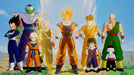 Gameplay screenshot - Super Saiyan Goku standing at the center of the Z Fighters, including Vegeta, Piccolo, Trunks, and more, in Dragon Ball Z: Kakarot for Xbox One. Relive the legendary battles of DBZ—get your digital key instantly at RushGame.co