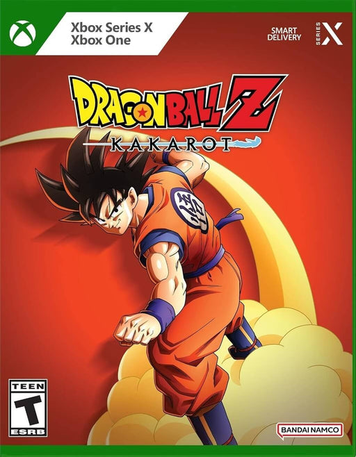 Game cover for Dragon Ball Z: Kakarot on Xbox One and Xbox Series X, featuring Goku in his classic gi soaring through the clouds. Enjoy the ultimate DBZ RPG adventure with enhanced graphics and gameplay. Purchase your Dragon Ball Z: Kakarot Xbox CD Key at RushGame.co