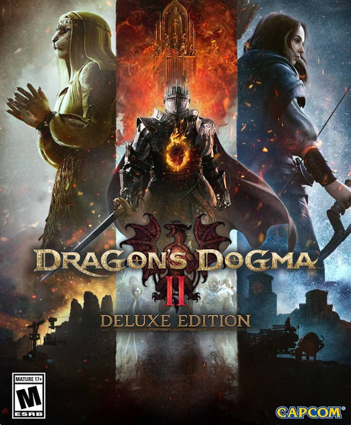 cover art for Dragon's Dogma 2 Deluxe Edition, featuring a powerful armored knight with a fiery heart, a hooded archer, and a mysterious feline-like figure. Get your PC Steam CD Key now at RushGame.co for the ultimate RPG adventure