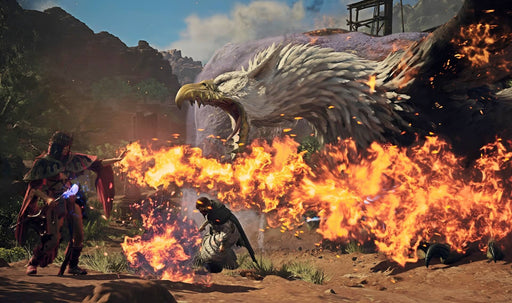 Game screen - A powerful mage casts a blazing fire spell against a massive griffin in Dragon’s Dogma 2 on Xbox Series X|S. Experience intense action RPG combat in a vast open world. Buy your Dragon’s Dogma 2 Xbox Series X|S CD Key now at RushGame.co and start your adventure!