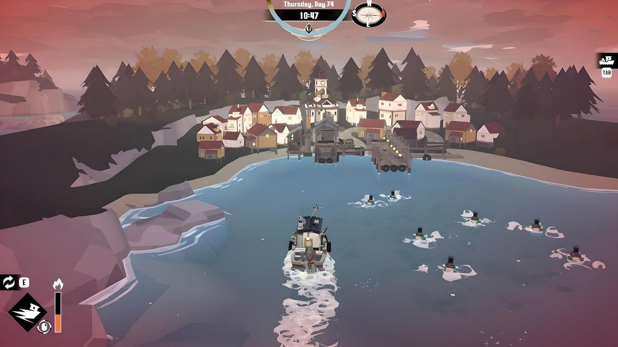 game screen - A fishing boat approaches a peaceful seaside village in DREDGE on PC Steam, with dark waters hiding unknown dangers. Immerse yourself in this indie horror-fishing adventure. Purchase your Digital Deluxe Edition key now at RushGame.co