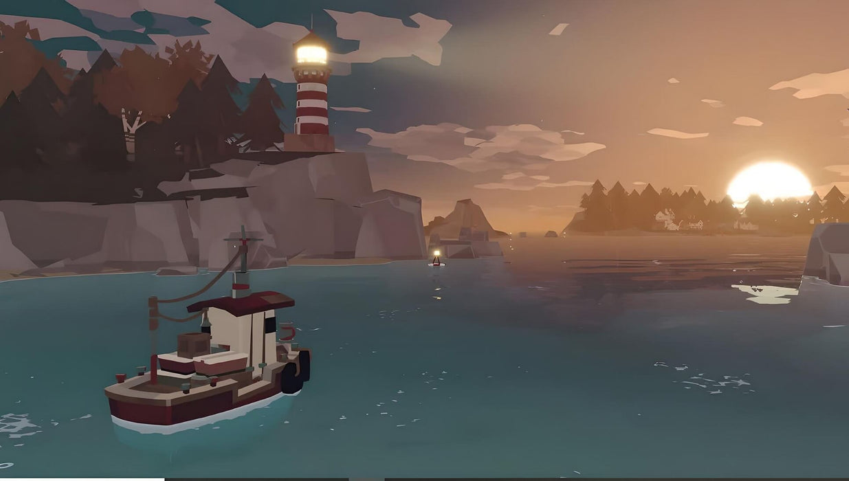 Gameplay image - A quiet harbor illuminated by a glowing lighthouse in DREDGE on PC Steam. Navigate treacherous waters and discover unsettling secrets beneath the ocean’s surface. Secure your Digital Deluxe Edition key today at RushGame.co