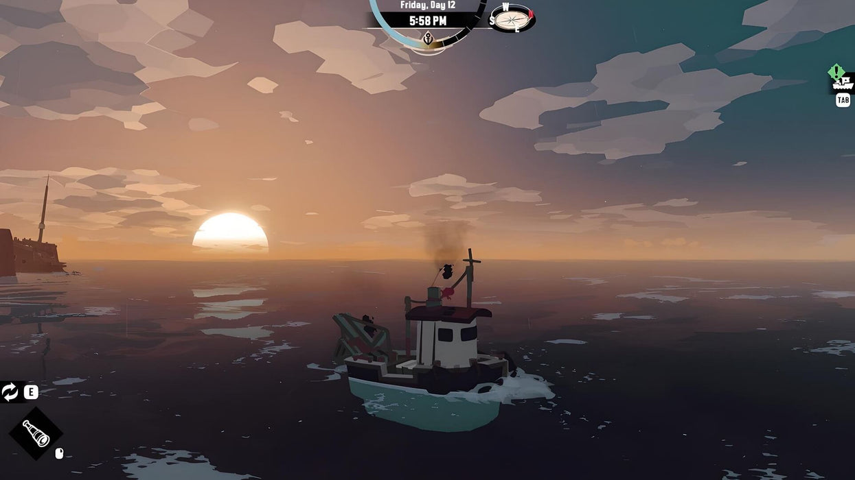 Gameplay screenshot - A small fishing boat sails into the horizon under a breathtaking sunset in DREDGE on PC Steam. Explore eerie waters, uncover dark secrets, and enjoy the captivating art style. Get your DREDGE Digital Deluxe Edition PC Steam CD Key now at RushGame.co!