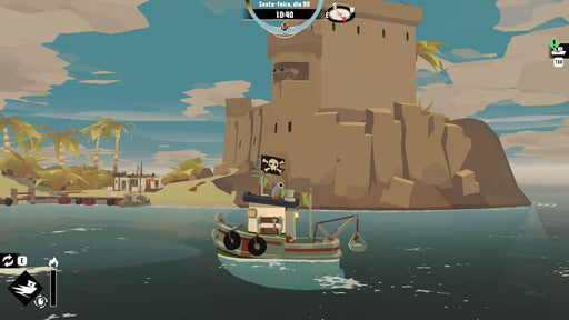 gameplay screen - A fishing boat flies a pirate flag while approaching a tropical island fortress in DREDGE on PC Steam. Explore unique locations and uncover the game's hidden mysteries. Secure your game key today at RushGame.co!