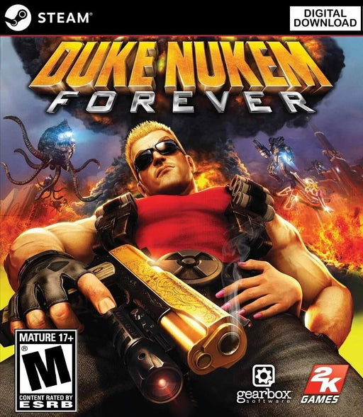 cover art for Duke Nukem Forever on PC Steam, featuring Duke Nukem reclining confidently with a golden pistol in hand while alien invaders wreak havoc in the background. Get your digital game key now at RushGame.co