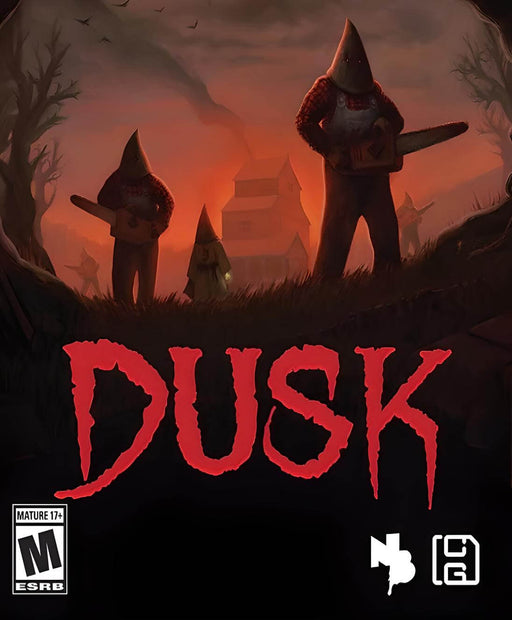 The cover art for DUSK on PC (Steam), showcasing eerie hooded figures wielding chainsaws against a fiery red sky. This retro-inspired horror FPS delivers high-intensity action with a nostalgic aesthetic. Instantly buy your DUSK PC Steam CD Key at RushGame.co and experience the thrill!