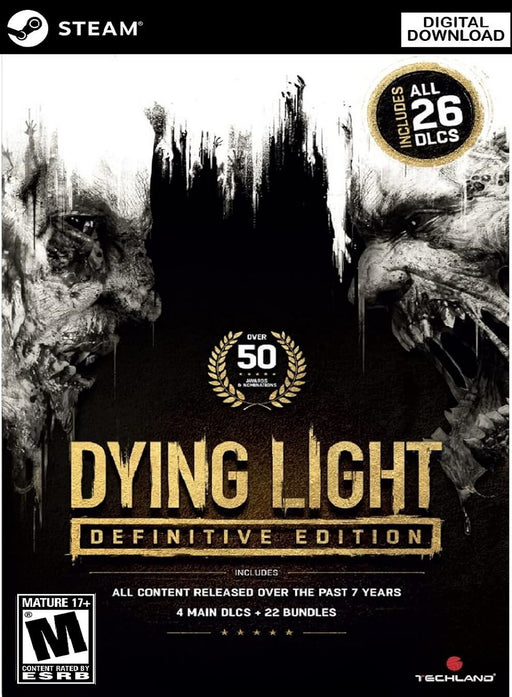 Cover art for Dying Light: Definitive Edition, featuring eerie zombie faces and a bold golden title. Includes all 26 DLCs and 7 years of additional content. Buy your PC Steam CD Key now at RushGame.co for the ultimate zombie survival experience!