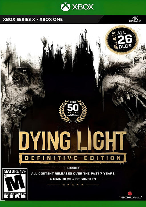 cover art for Dying Light: Definitive Edition on Xbox One, featuring haunting zombie artwork and a gold title. Includes all 26 DLCs and 7 years of content. Buy your digital CD Key now at RushGame.co and experience the ultimate zombie survival adventure!