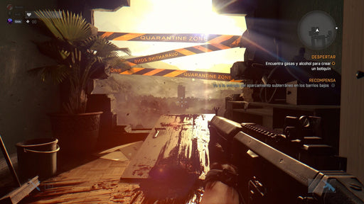 Gameplay screenshot - Quarantine Zone Encounter 
"A survivor aims an assault rifle inside a dimly lit quarantine zone in Dying Light: The Following Enhanced Edition, with bloodstains and barricades hinting at the horrors ahead. Experience the ultimate zombie survival challenge. Get your Xbox One CD Key now at RushGame.co