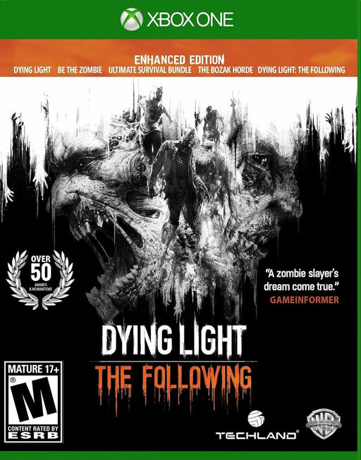 cover art for Dying Light: The Following Enhanced Edition on Xbox One, featuring terrifying zombie artwork with bold orange and white typography. Includes the base game and expansions like The Bozak Horde and Ultimate Survival Bundle. Buy your CD Key now at RushGame.co for instant digital delivery!