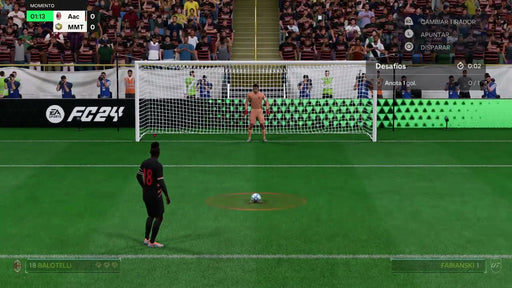 Gameplay Screenshot from EA SPORTS FC 24 on Origin via EA Play, depicting a penalty shootout challenge. The player prepares to take the decisive shot while the goalkeeper stands ready. Master your skills and play now by purchasing EA SPORTS FC 24 from RushGame.co with fast digital activation