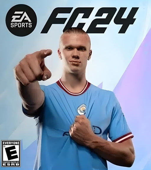 Artcover for EA SPORTS FC 24 on Origin via EA Play, featuring Erling Haaland in a Manchester City jersey. The game branding and ESRB rating are displayed, highlighting its digital download version. Buy your EA SPORTS FC 24 CD Key at RushGame.co for instant activation and online play