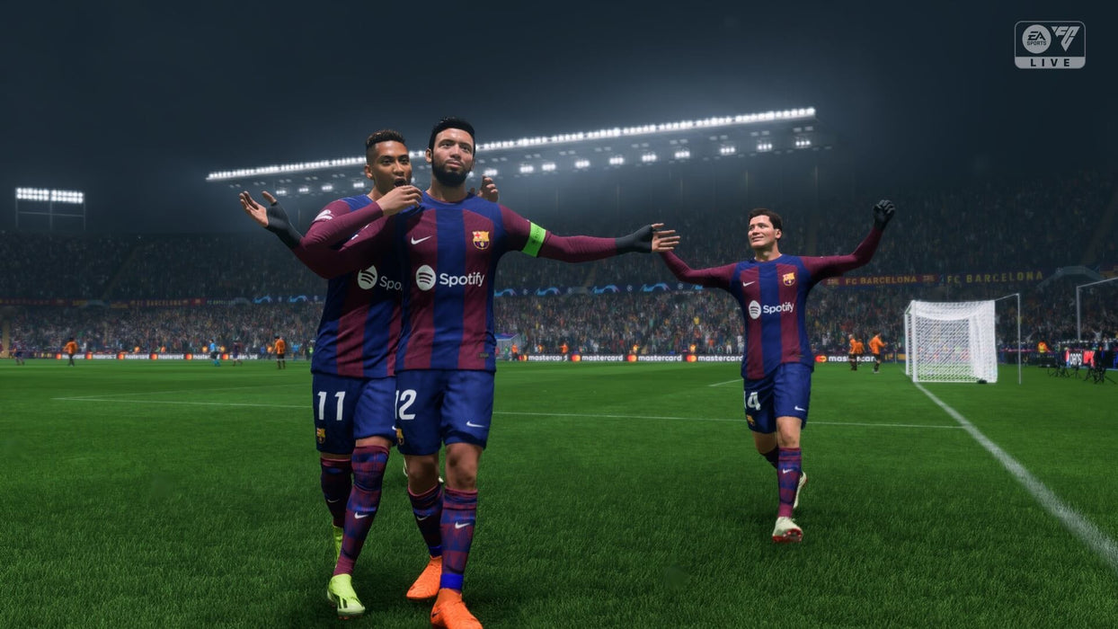 Screenshot from EA Sports FC 24 Ultimate Edition on Xbox One & Xbox Series X/S, featuring FC Barcelona players celebrating a goal in a UEFA Champions League match. The captain leads the celebration as the stadium lights illuminate the pitch. Purchase EA Sports FC 24 Ultimate Edition for Xbox from RushGame.co for premium content and fast delivery