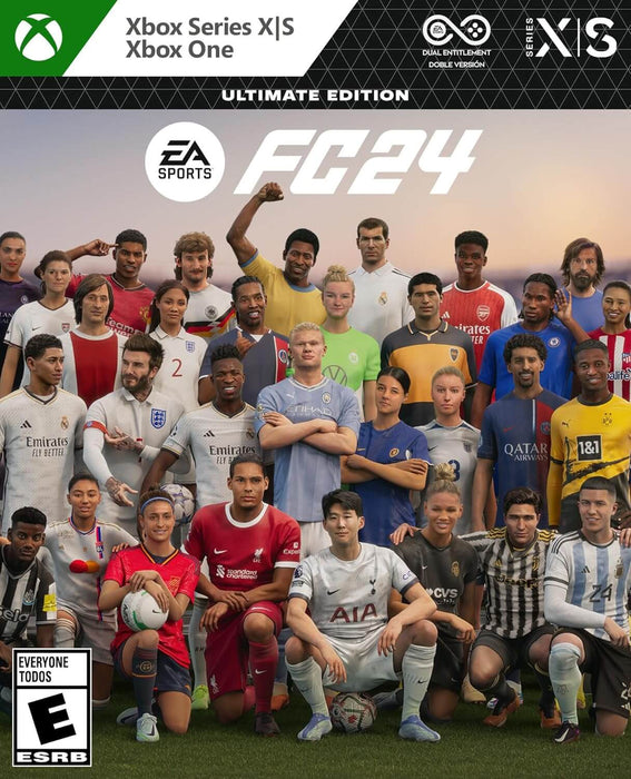 Official cover of EA Sports FC 24 Ultimate Edition for Xbox One and Xbox Series X/S, featuring a diverse lineup of legendary and current football stars. This version includes Dual Entitlement, allowing play on both console generations. Get your EA Sports FC 24 Ultimate Edition CD Key at RushGame.co for instant activation