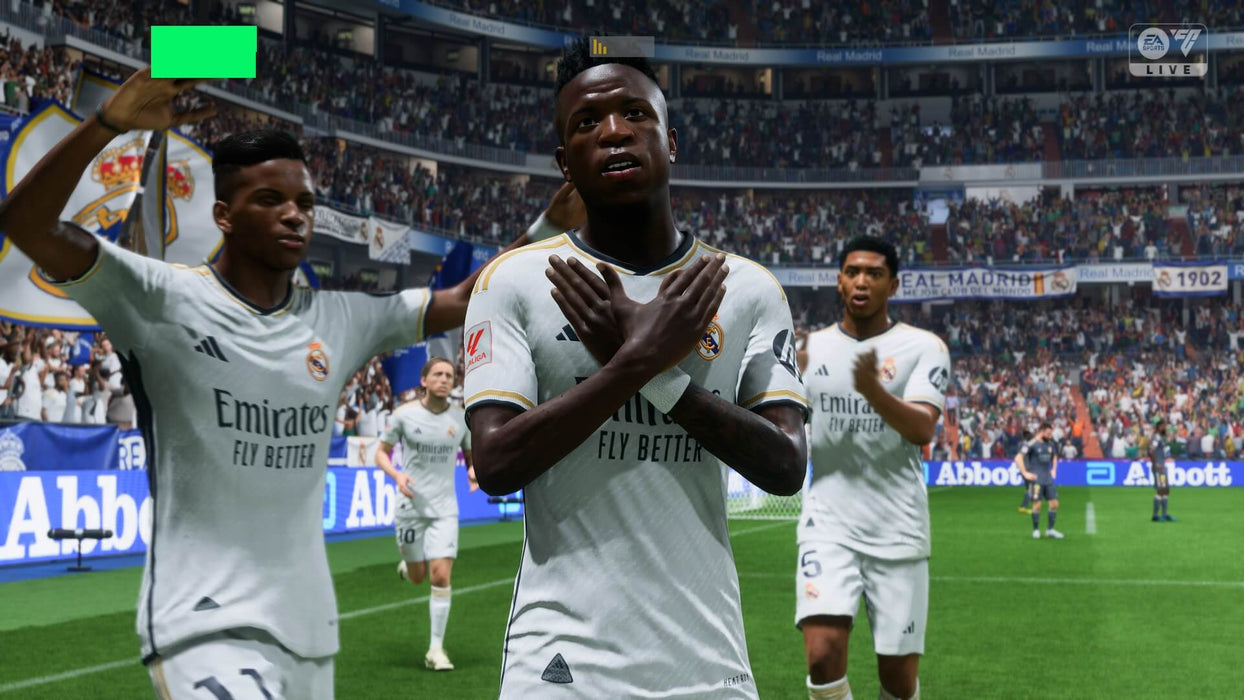 Gameplay screenshot - Real Madrid players celebrating a goal in EA Sports FC 24 on Xbox Series X/S. Experience authentic football moments and play as your favorite teams. Purchase your EA Sports FC 24 Xbox digital code instantly at RushGame.co.