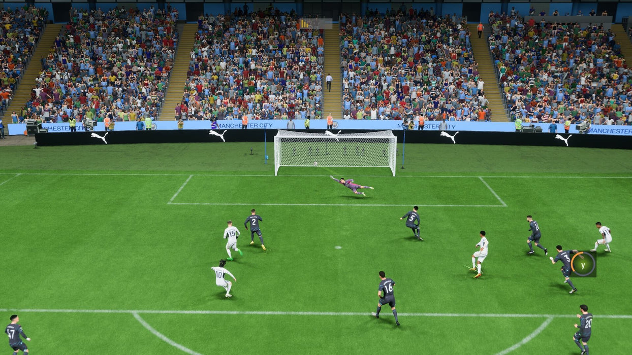 Gameplay screenshot - A penalty shot moment in EA Sports FC 24 for Xbox, with a goalkeeper diving to make the save. Immerse yourself in lifelike football action with EA Sports FC 24. Get your Xbox digital key instantly at RushGame.co